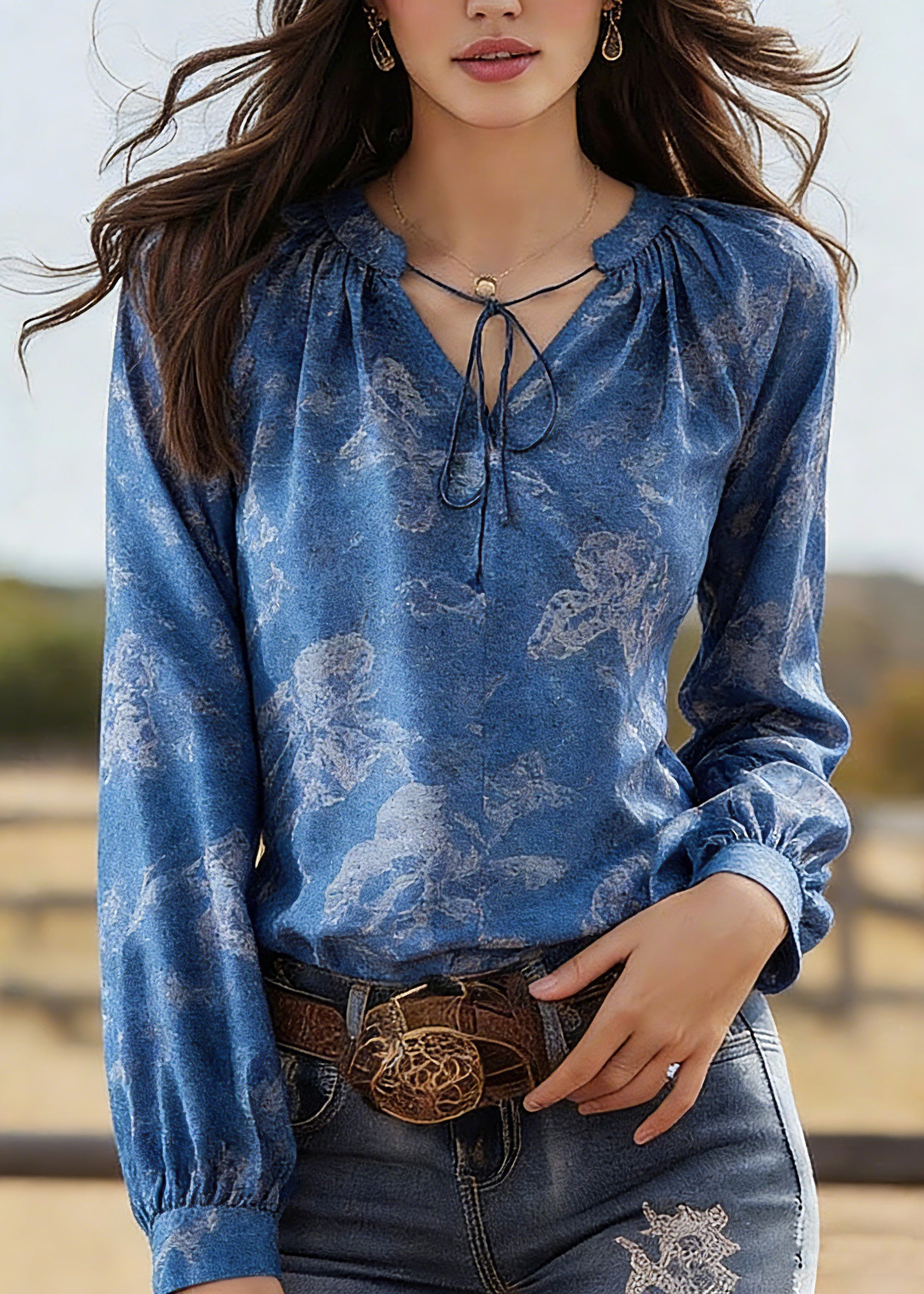 Fine Blue Tie Lace Print Silk Shirt Spring - Omychic