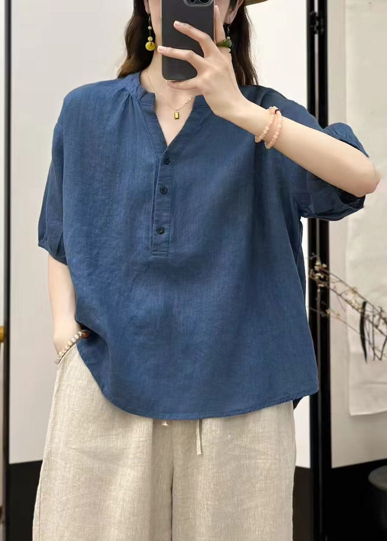 Fine Blue V Neck Button Solid Linen Top Summer