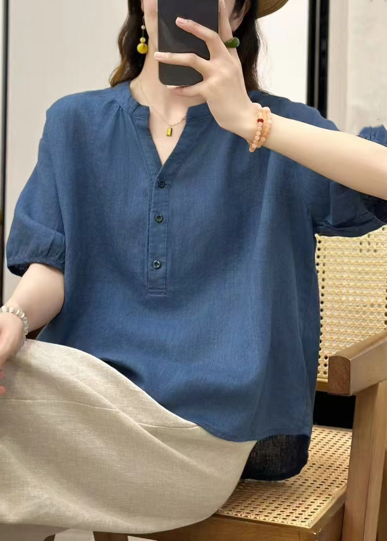 Fine Blue V Neck Button Solid Linen Top Summer
