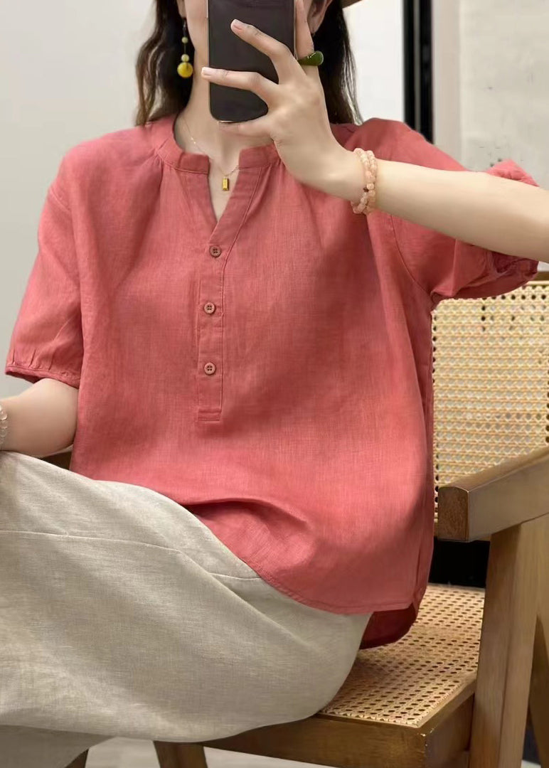 Fine Blue V Neck Button Solid Linen Top Summer