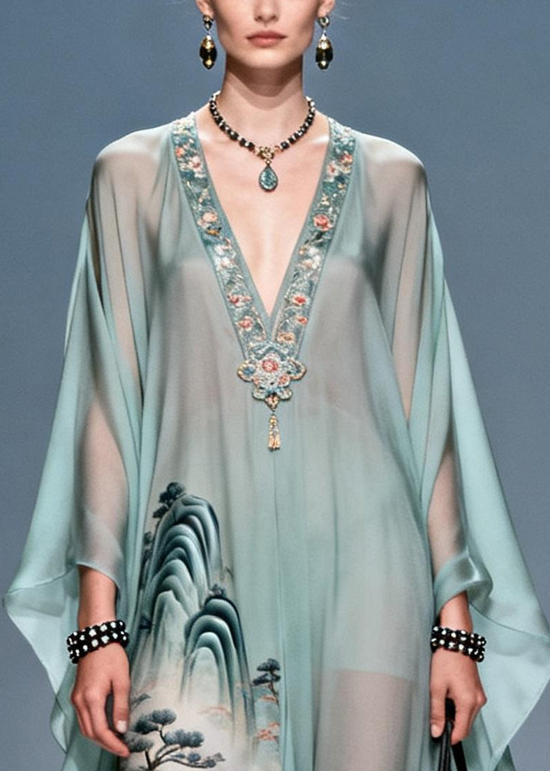 Fine Blue V Neck Print Chiffon Long Dresses Summer