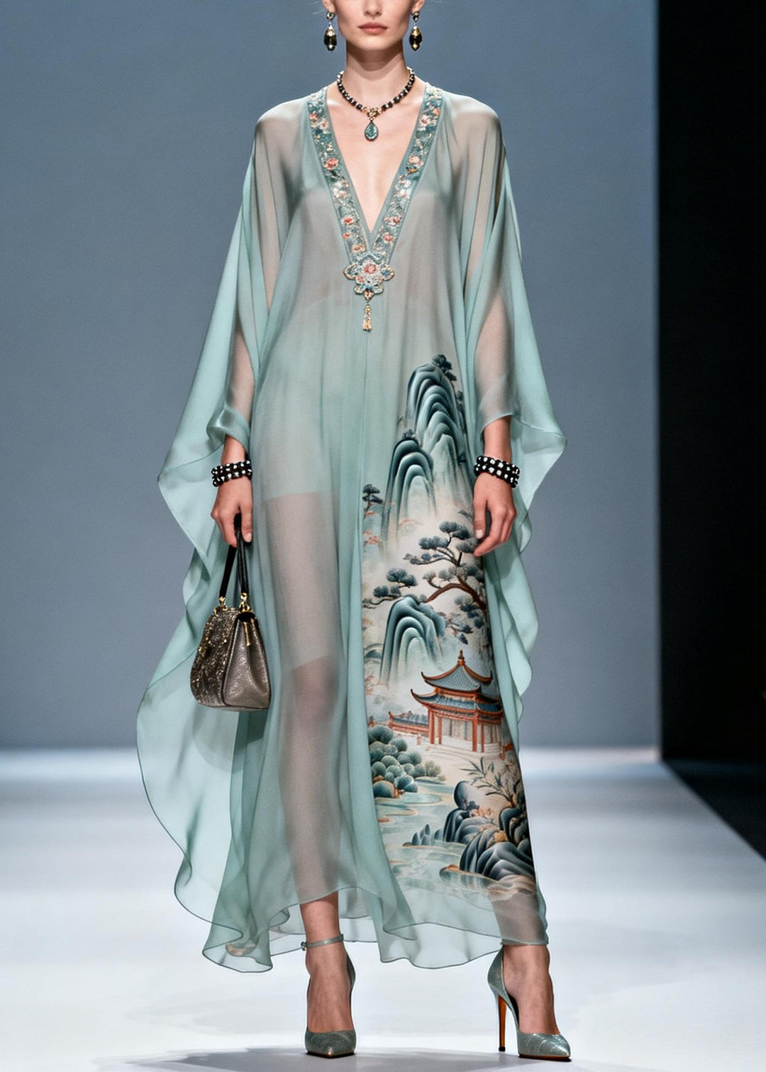 Fine Blue V Neck Print Chiffon Long Dresses Summer