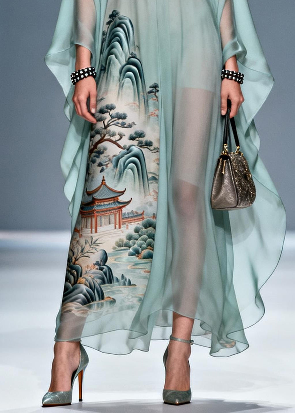 Fine Blue V Neck Print Chiffon Long Dresses Summer
