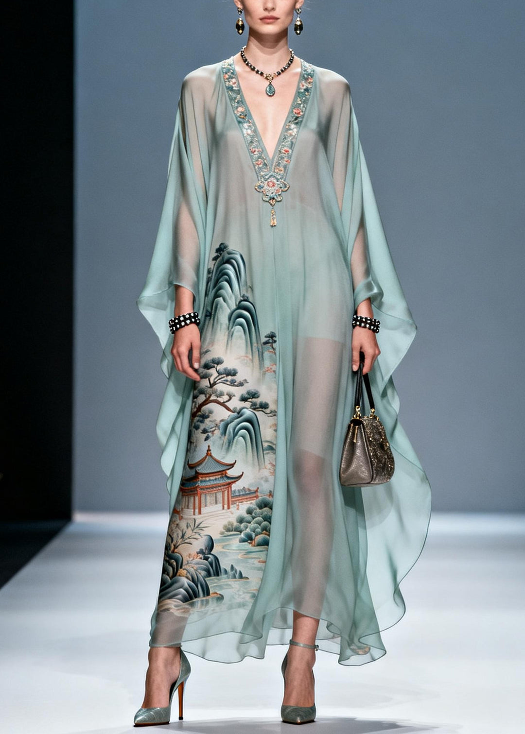 Fine Blue V Neck Print Chiffon Long Dresses Summer