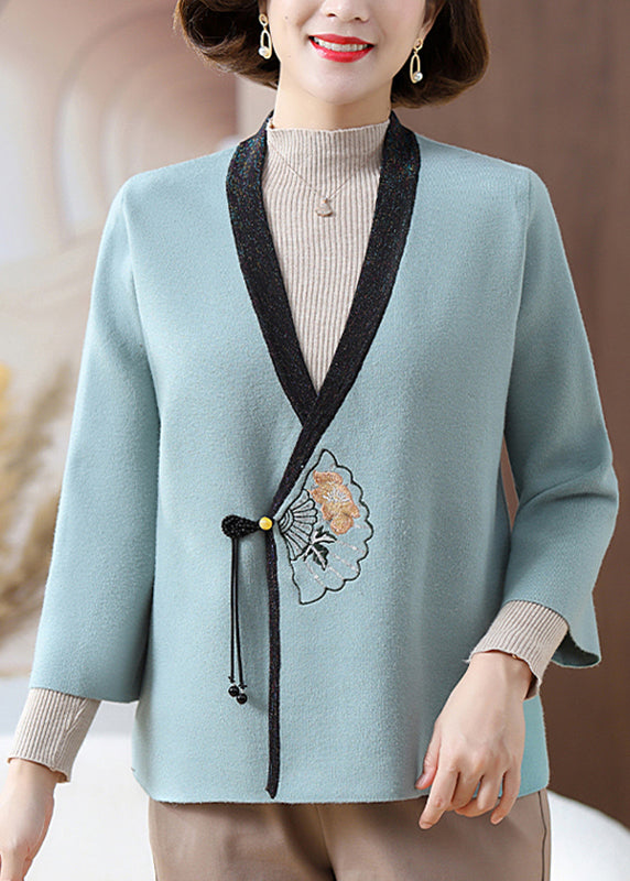 Fine Blue V Neck Print Knit Cardigans Fall