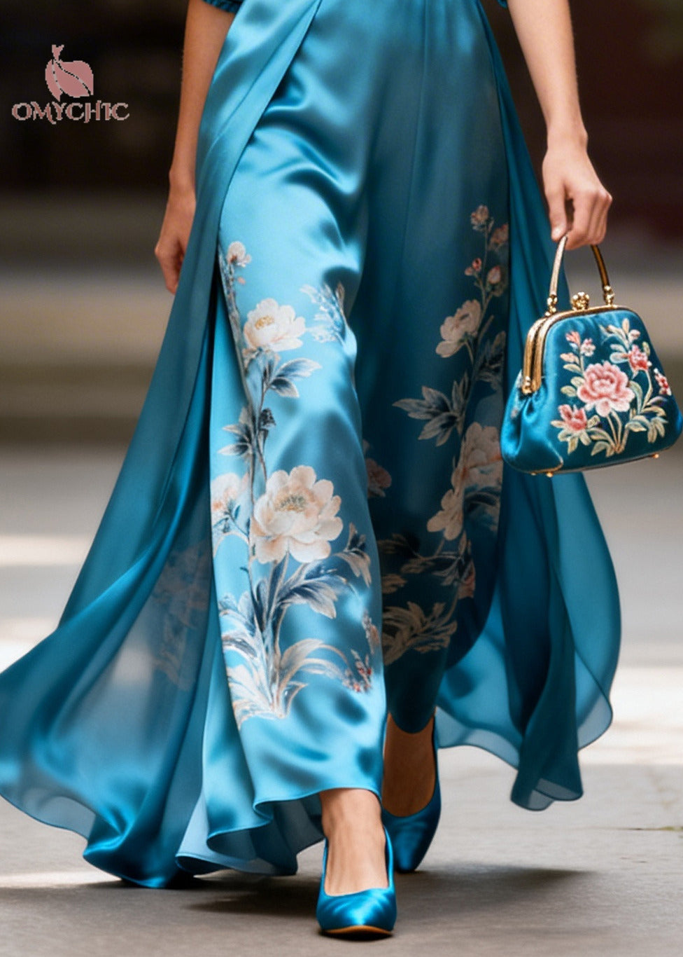Fine Blue V Neck Print Silk Maxi Dress Long Sleeve