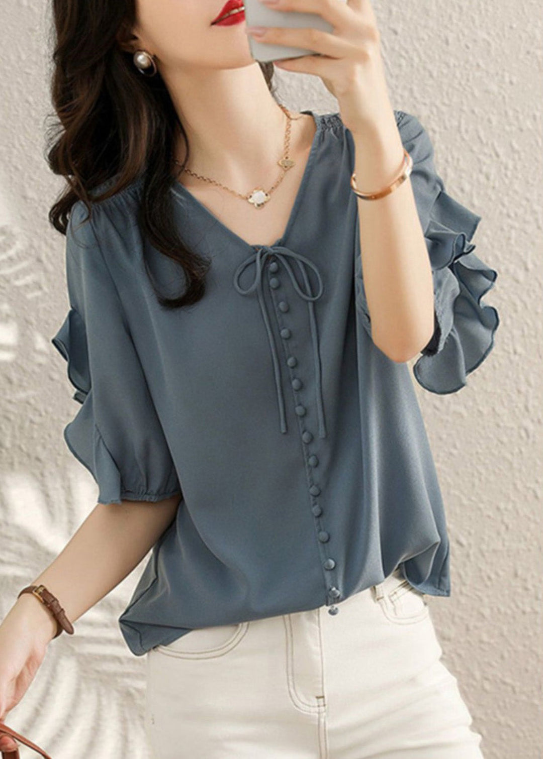 Fine Blue V Neck Ruffled Patchwork Chiffon Shirts Summer