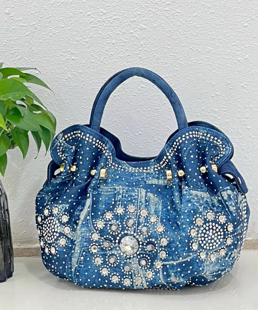 Fine Blue Zircon Solid Durable Denim Tote Handbag
