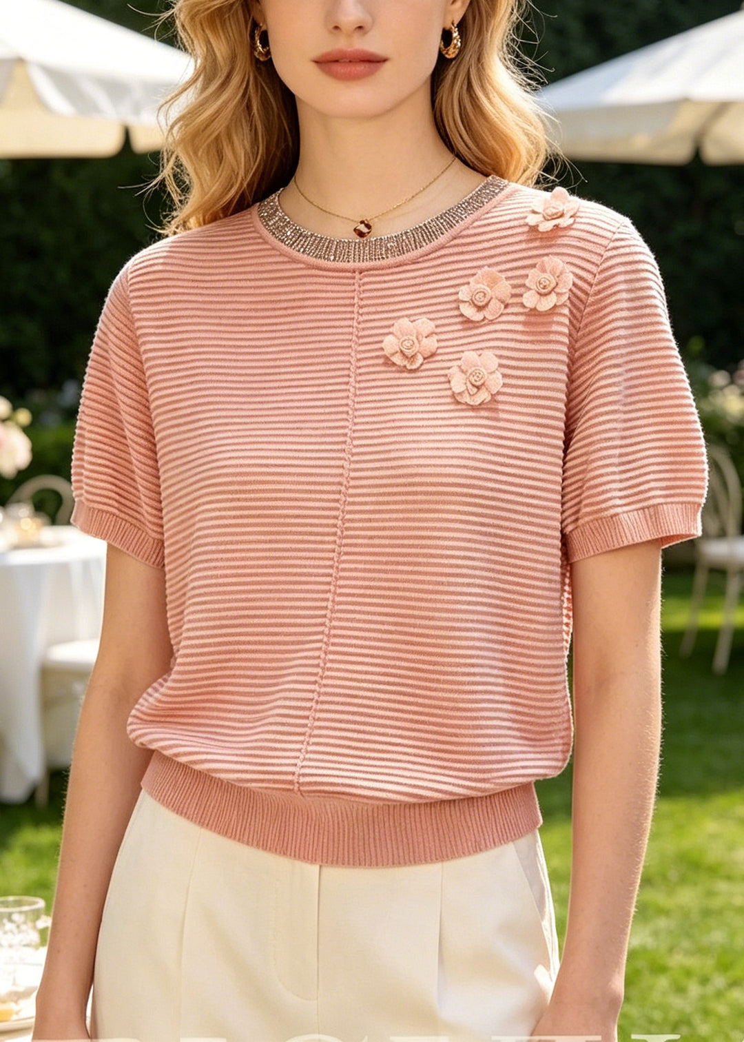Fine Brick Red Striped Flower Knit Shirts Summer