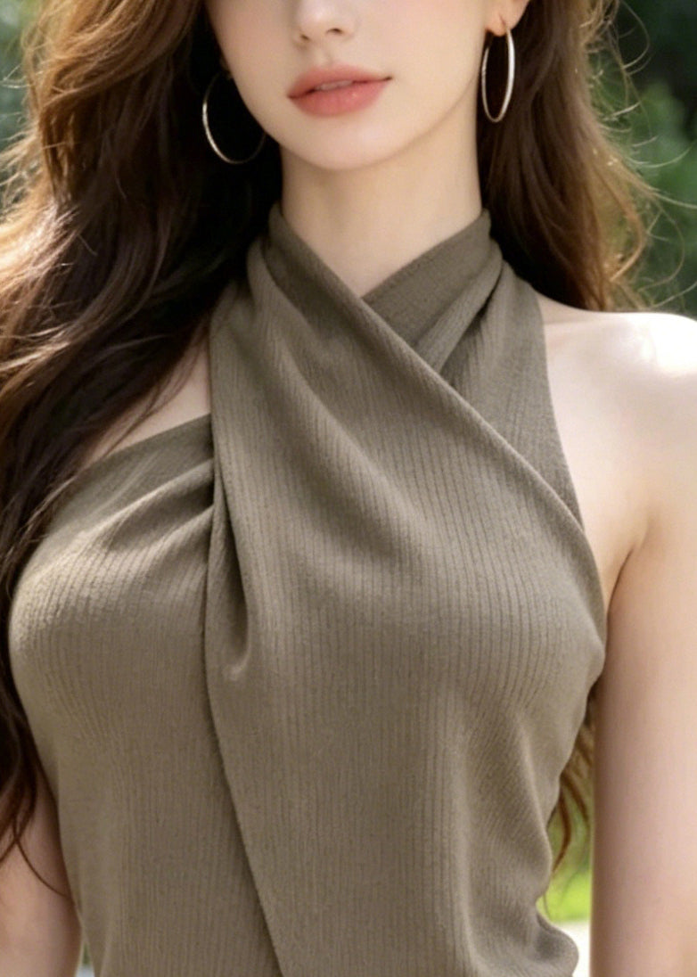Fine Brown Asymmetrical Side Open Knit Halter Tops Summer