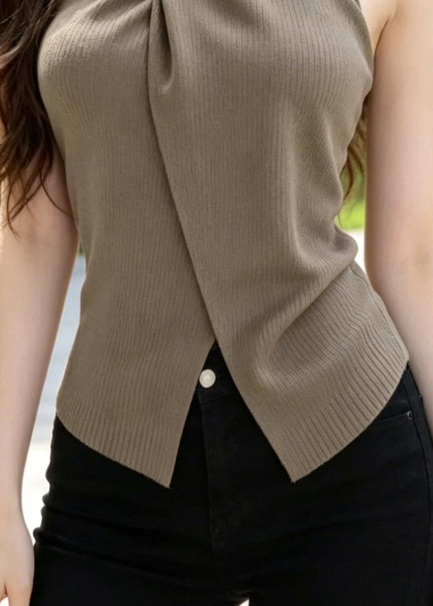 Fine Brown Asymmetrical Side Open Knit Halter Tops Summer