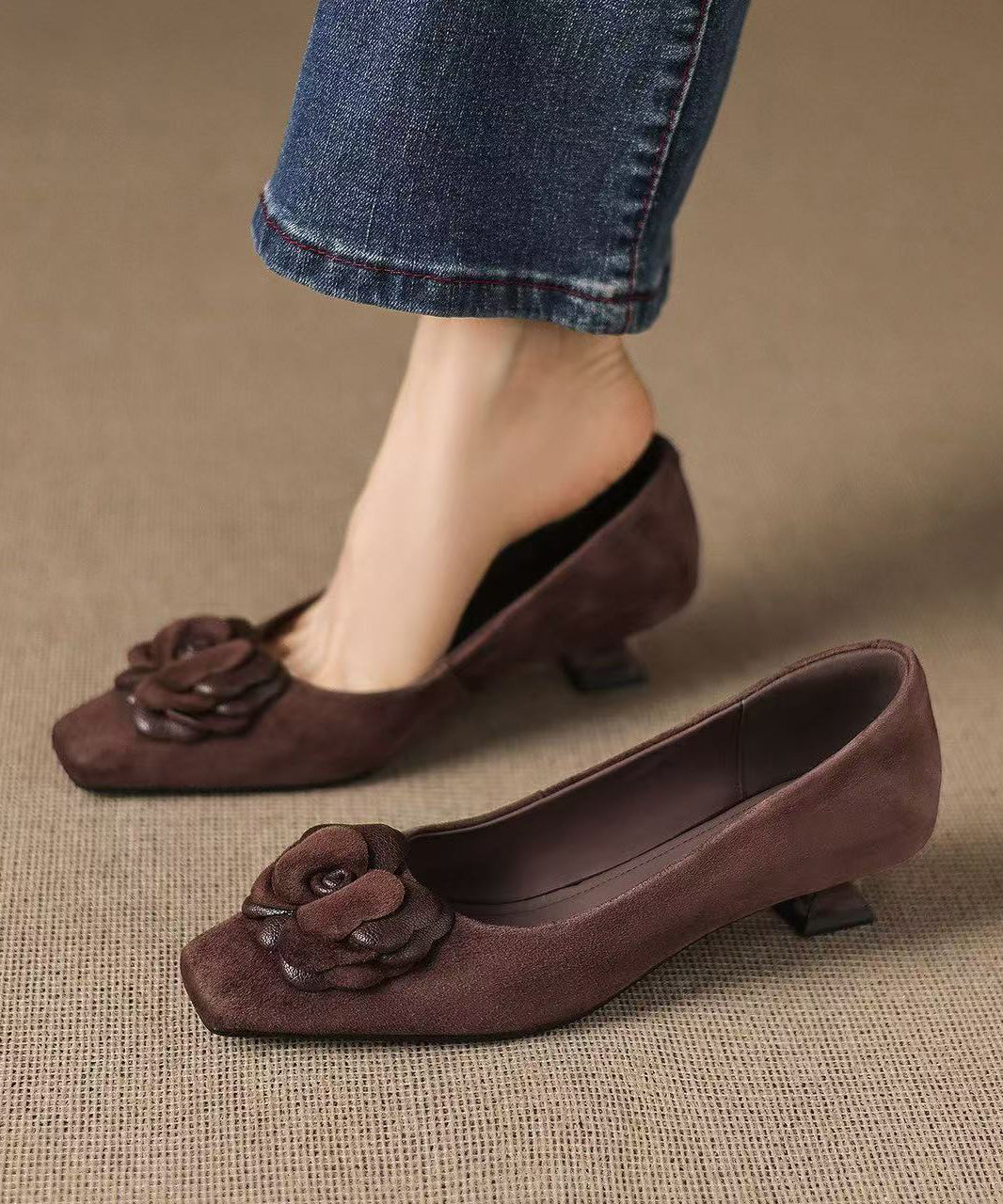 Fine Brown High Heels Kitten Flower High Heels