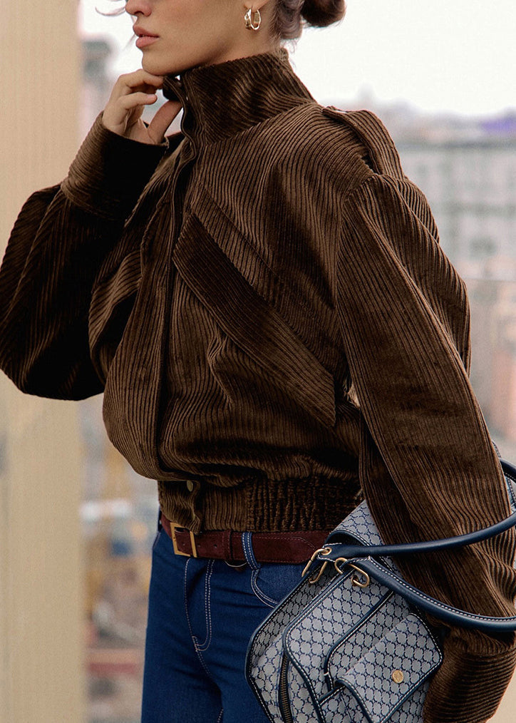 Fine Brown Stand Collar Pockets Corduroy Coat Fall