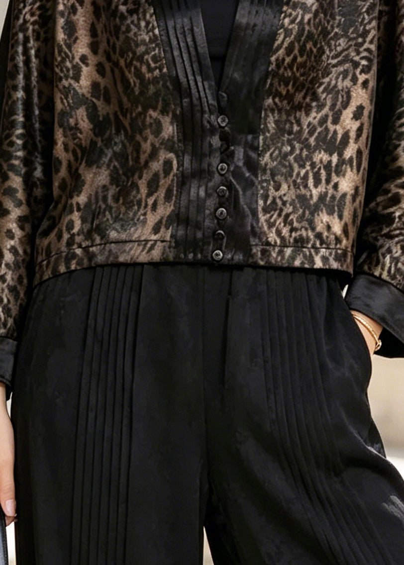 Fine Brown V Neck Patchwork Leopard Silk Coat Outwear Spring