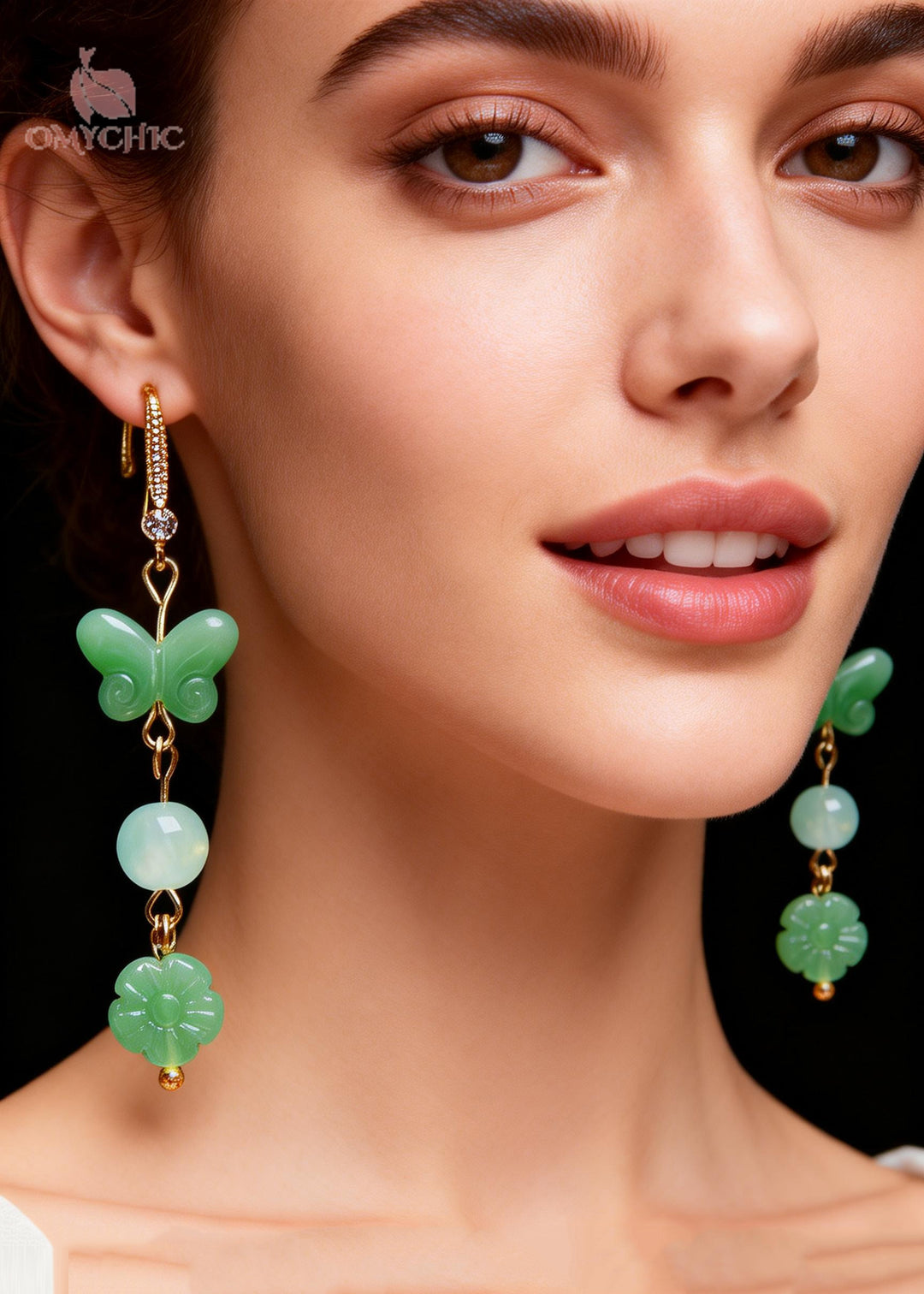 Fine Butterfly Jade Zircon Long Drop Earrings