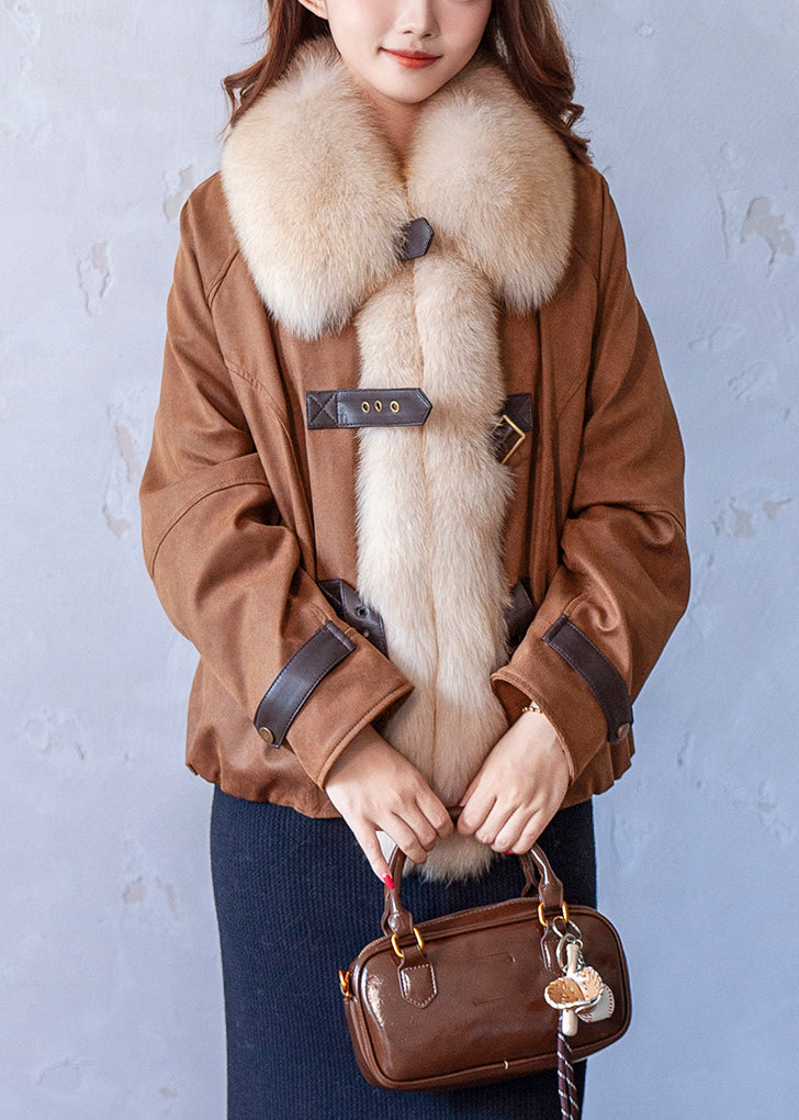 Fine Caramel Fox Collar Pockets Patchwork Fine Cotton Filled Parka Winter
