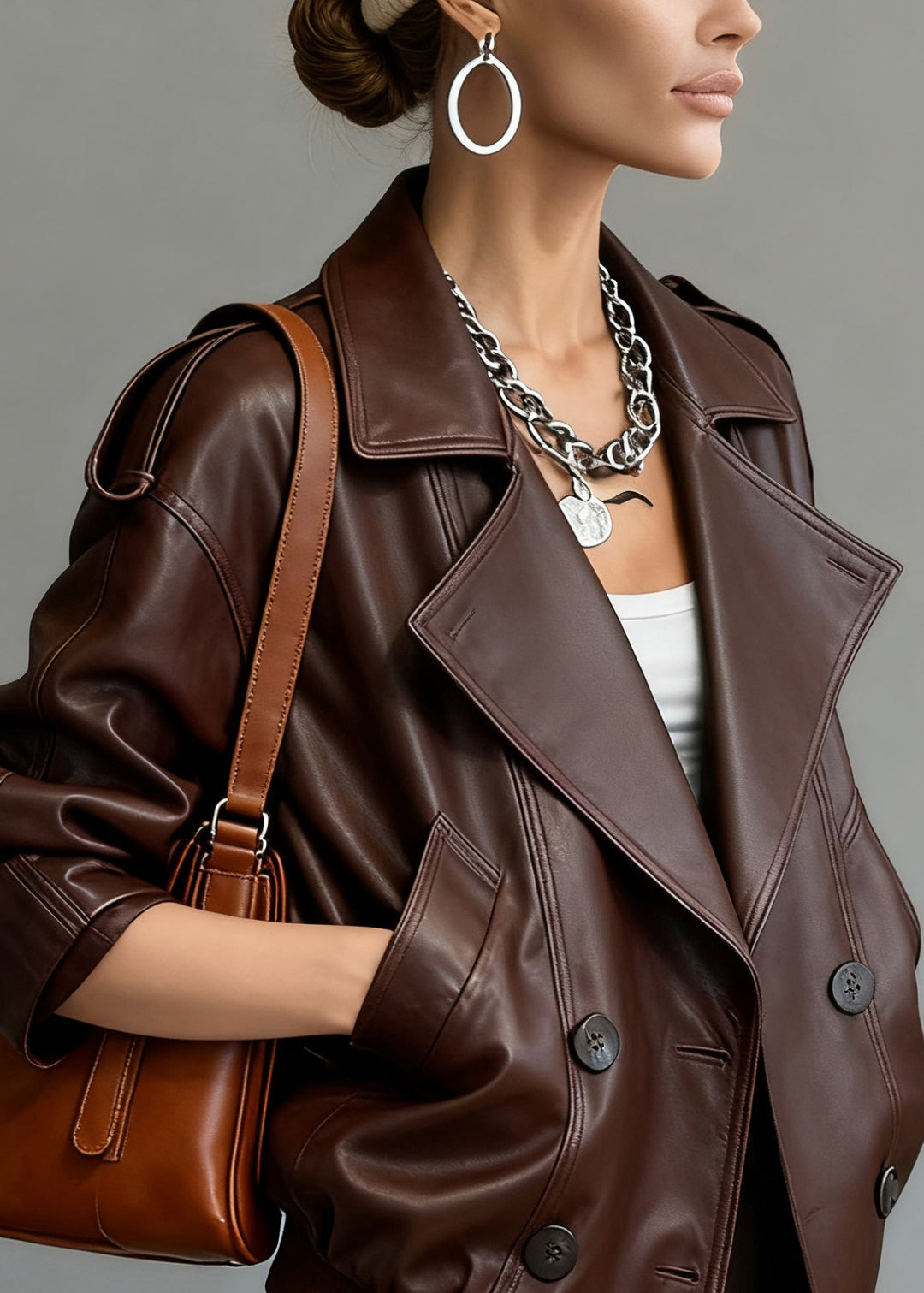 Fine Chocolate Peter Pan Collar Double Breast Sheepskin Jacket Spring