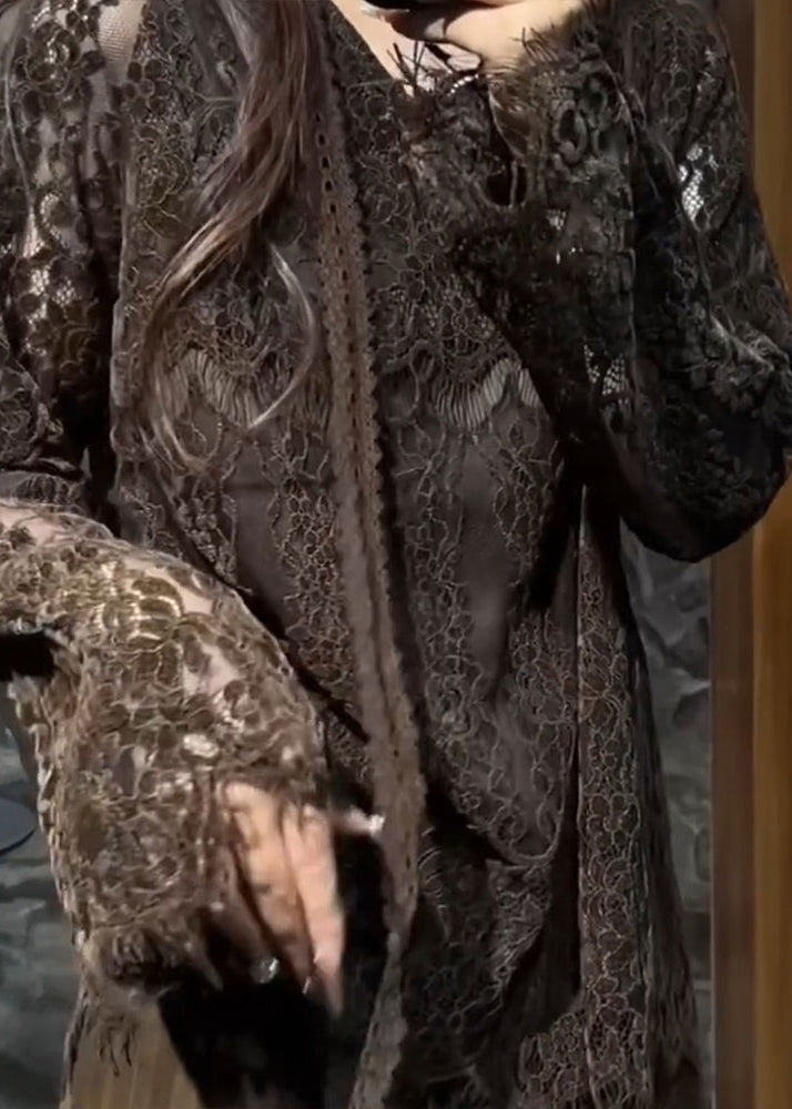 Fine Chocolate V Neck  Hollow Out Lace Shirt Top Flare Sleeve