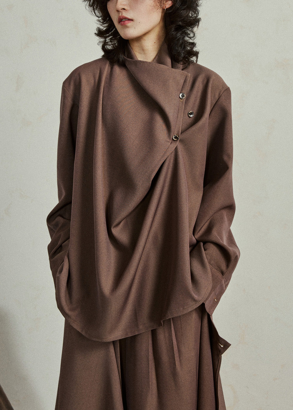 Fine Coffee Asymmetrical Button Shirt Lantern Sleeve