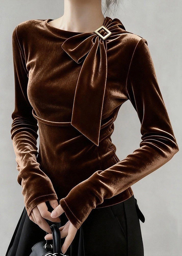 Fine Coffee Bow Solid Silk Velour T Shirt Tops Winter