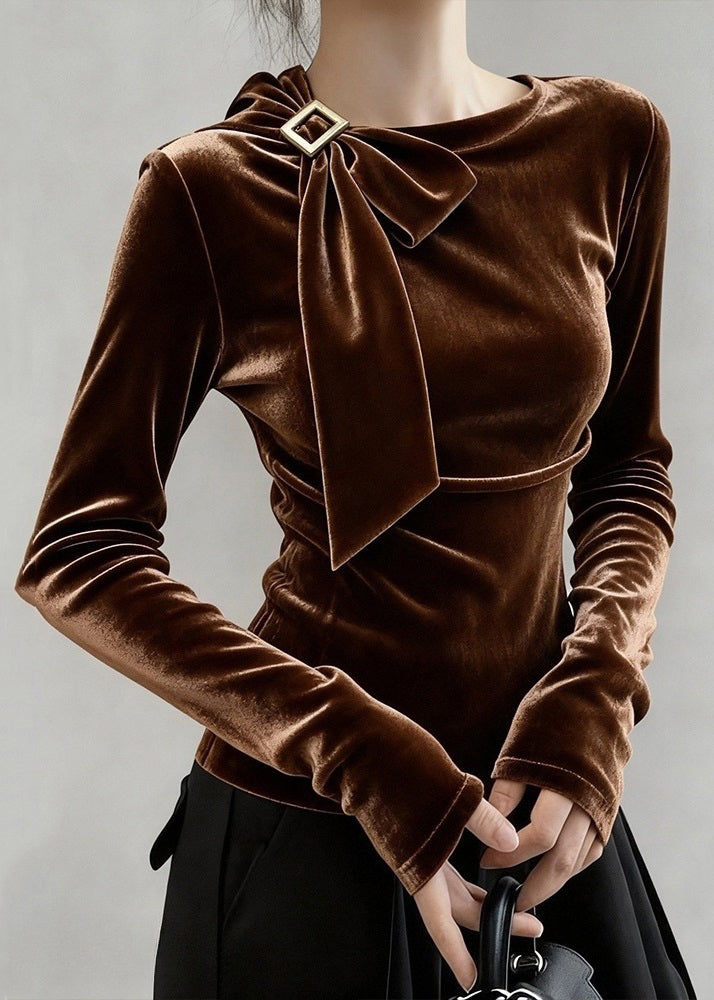 Fine Coffee Bow Solid Silk Velour T Shirt Tops Winter
