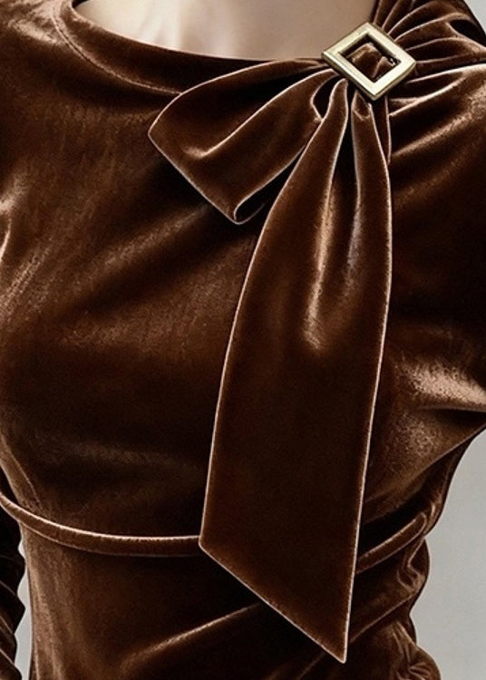 Fine Coffee Bow Solid Silk Velour T Shirt Tops Winter