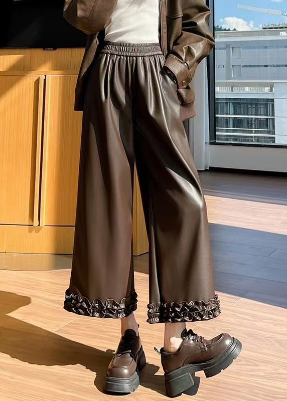 Fine Coffee Ruffled Pockets Elastic Waist Faux Leather Crop Pants Winter
