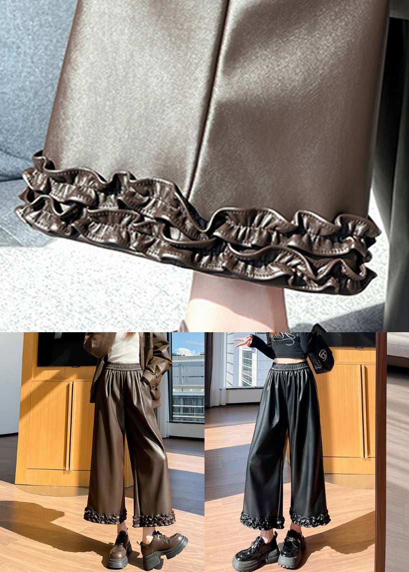 Fine Coffee Ruffled Pockets Elastic Waist Faux Leather Crop Pants Winter