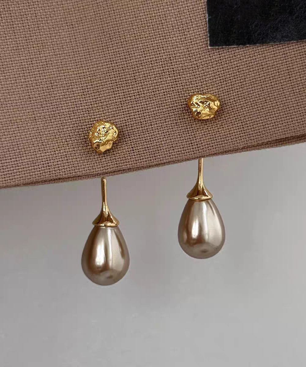 Fine Coffee Sterling Silver Overgild Pearl Water Droplet Drop Earrings