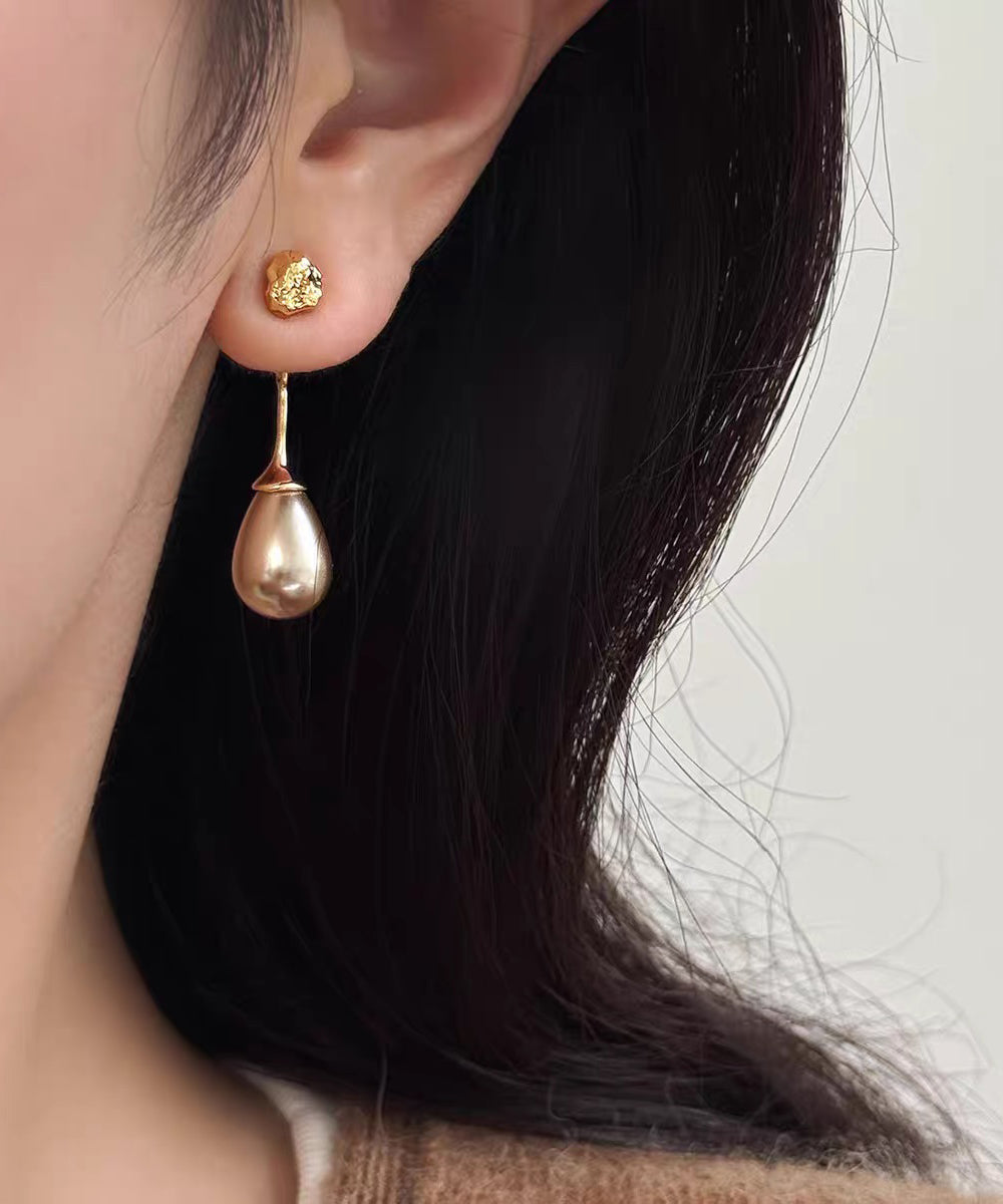 Fine Coffee Sterling Silver Overgild Pearl Water Droplet Drop Earrings