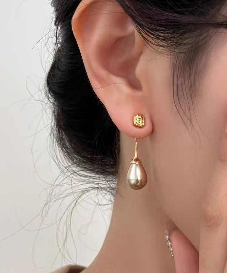 Fine Coffee Sterling Silver Overgild Pearl Water Droplet Drop Earrings