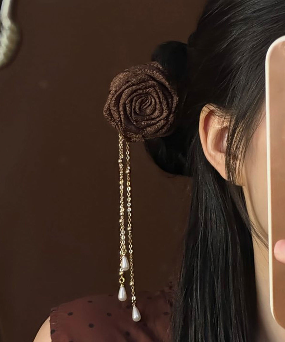 Fine Coffee Wooden Pearl Rose Tassel Hairpin
