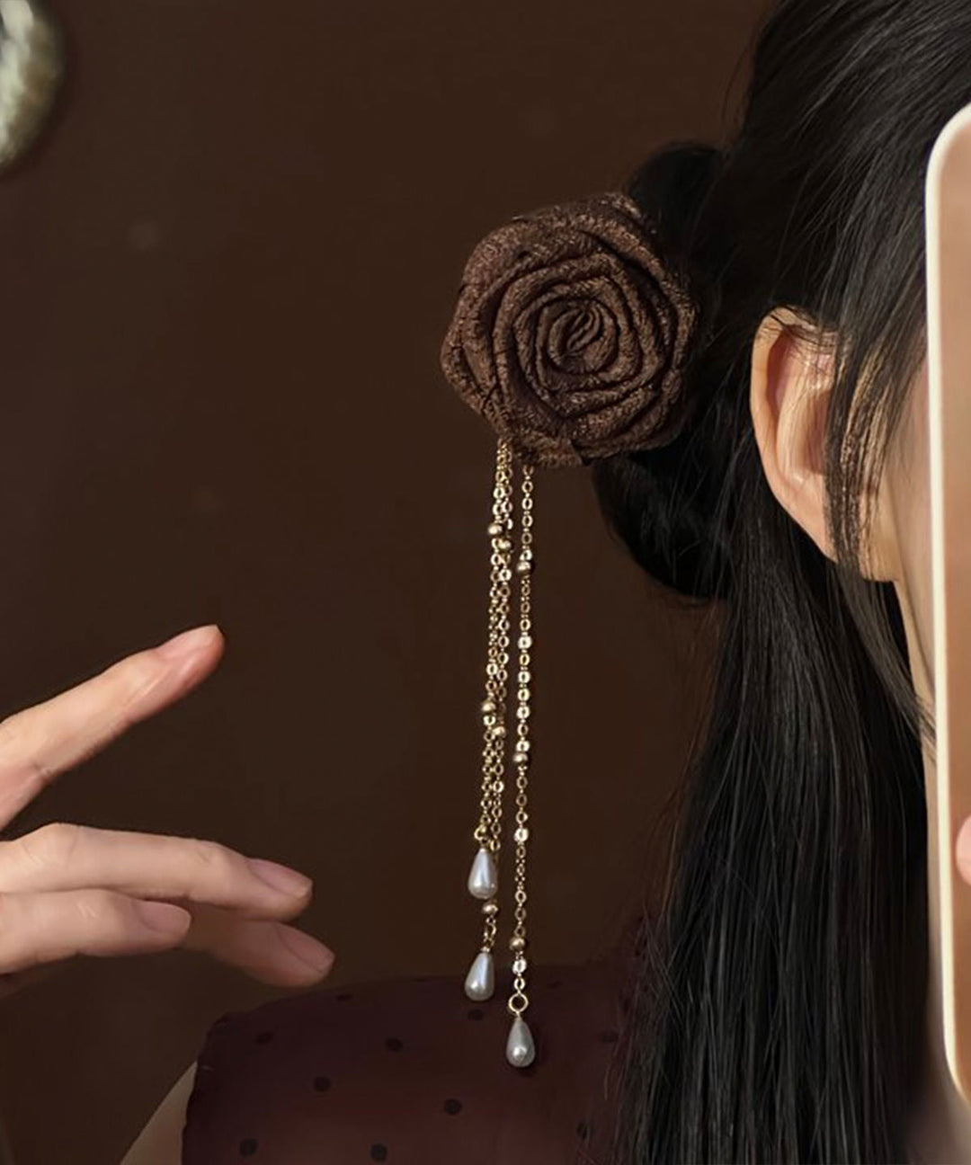 Fine Coffee Wooden Pearl Rose Tassel Hairpin