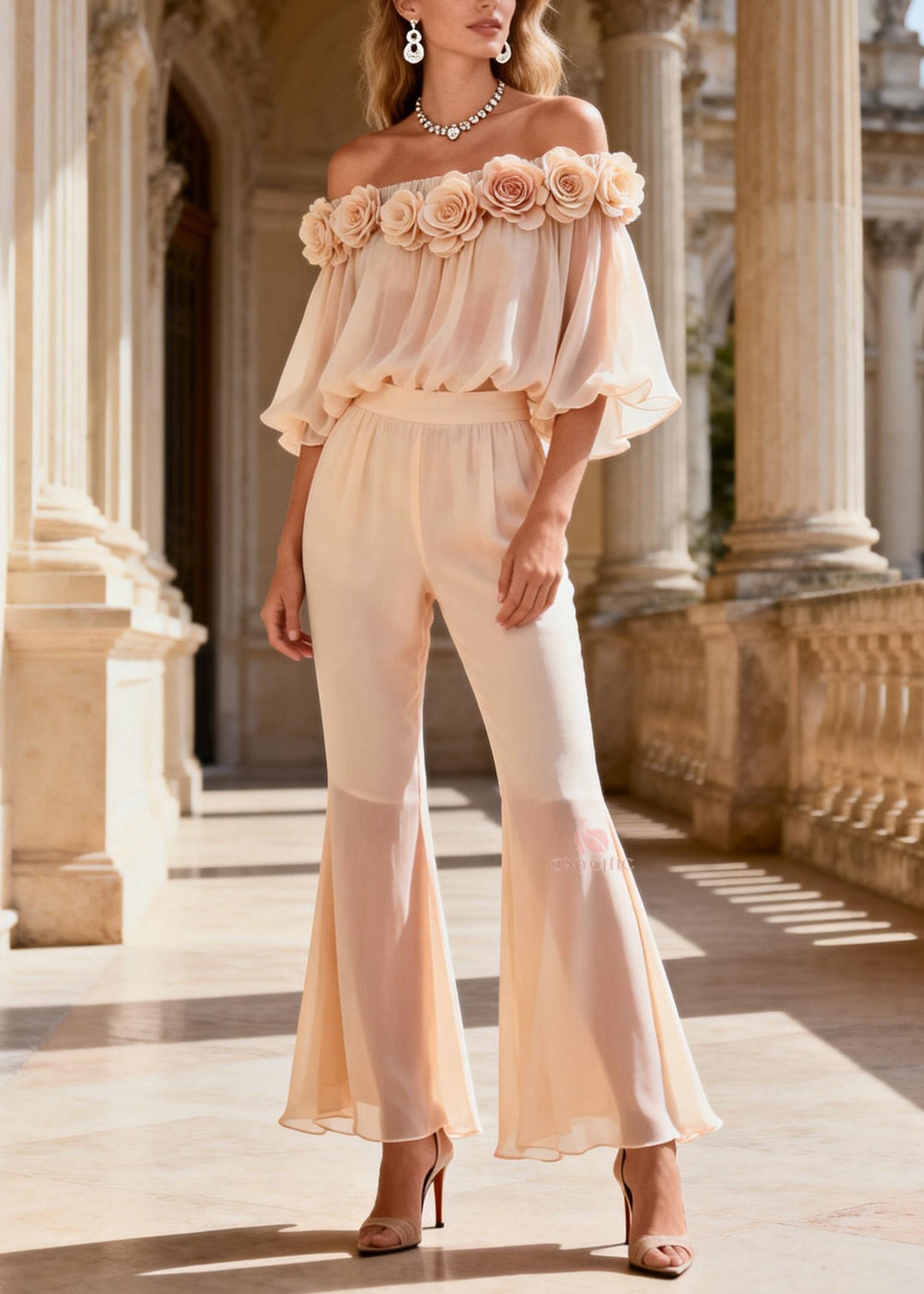 Fine Cold Shoulder Floral Top And Pants Silk Two Pieces Set Summer