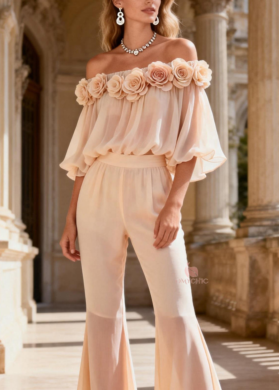 Fine Cold Shoulder Floral Top And Pants Silk Two Pieces Set Summer