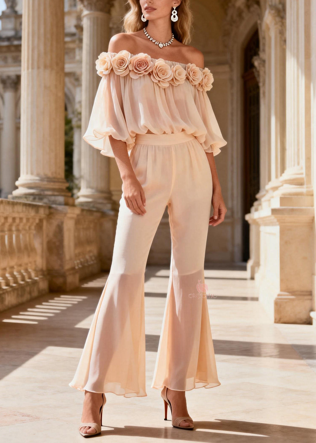 Fine Cold Shoulder Floral Top And Pants Silk Two Pieces Set Summer