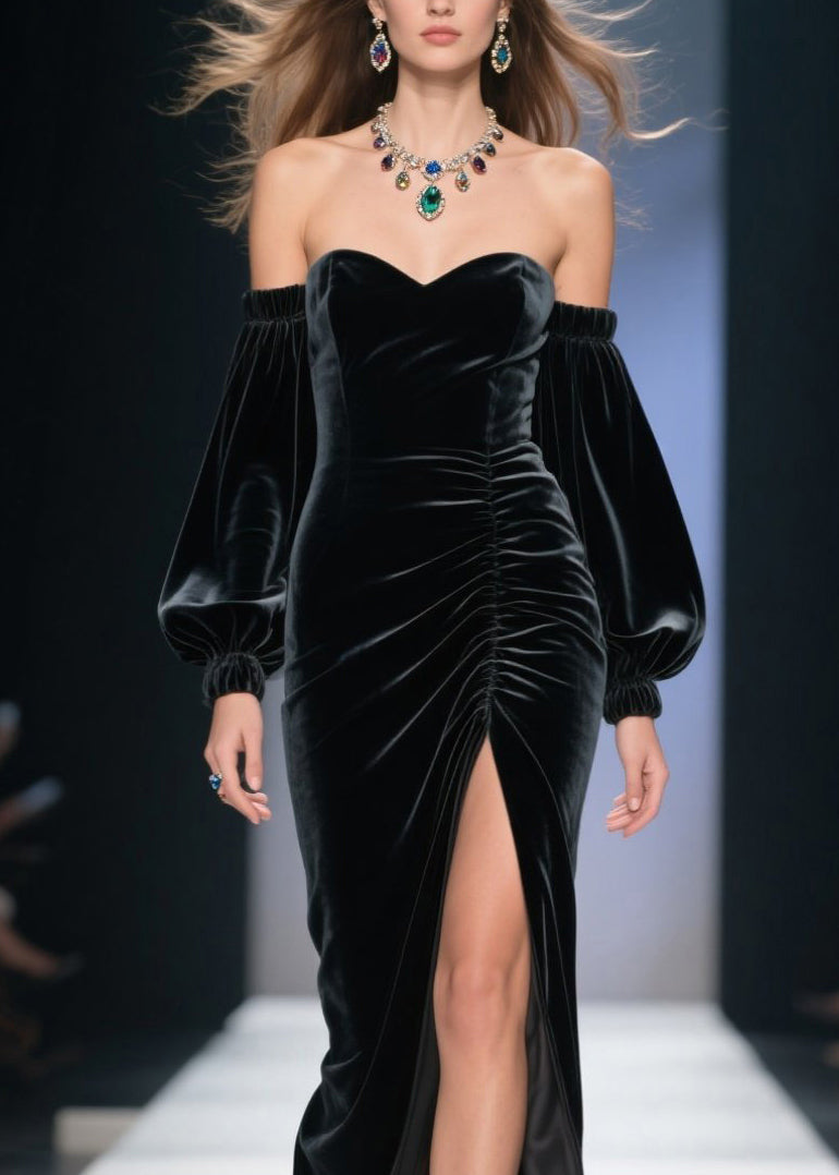 Fine Cold Shoulder Side Open Velvet Long Dress Fall