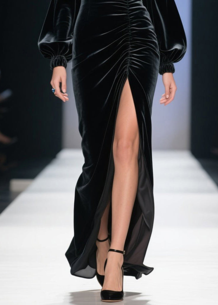 Fine Cold Shoulder Side Open Velvet Long Dress Fall