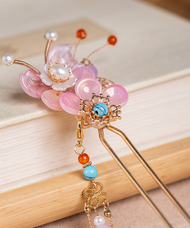 Fine Colorblock Alloy Pearl Turquoise Colored Glaze Floral Tassel Hairpin