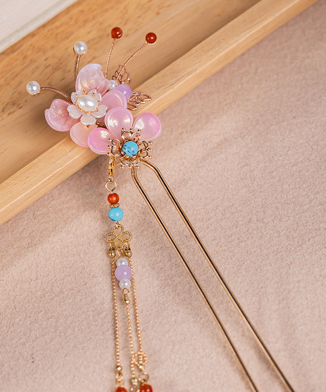 Fine Colorblock Alloy Pearl Turquoise Colored Glaze Floral Tassel Hairpin