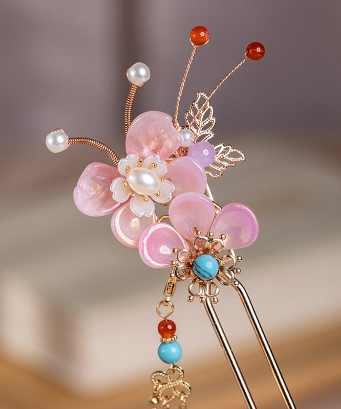 Fine Colorblock Alloy Pearl Turquoise Colored Glaze Floral Tassel Hairpin