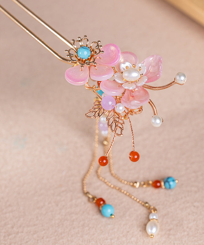 Fine Colorblock Alloy Pearl Turquoise Colored Glaze Floral Tassel Hairpin