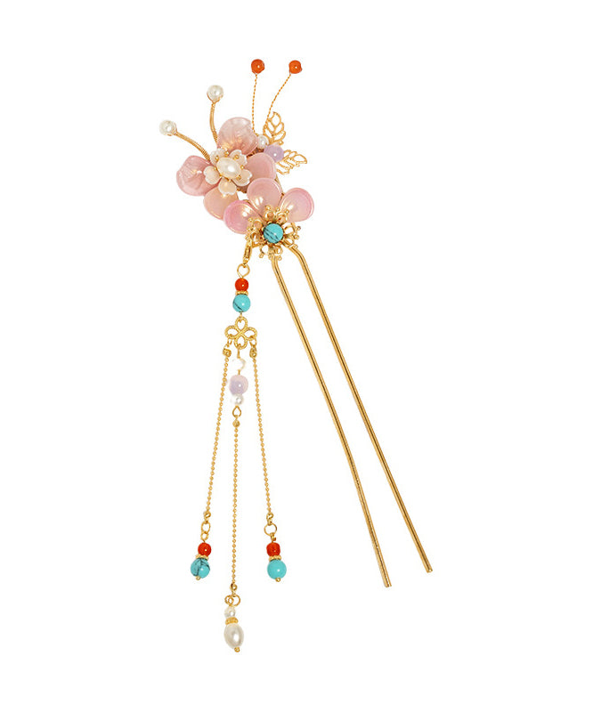 Fine Colorblock Alloy Pearl Turquoise Colored Glaze Floral Tassel Hairpin