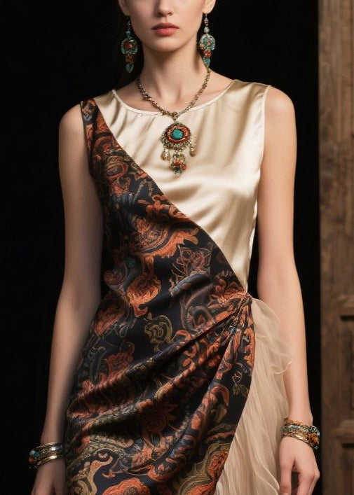 Fine Colorblock Asymmetrical Patchwork Ruffles Silk Dress Summer