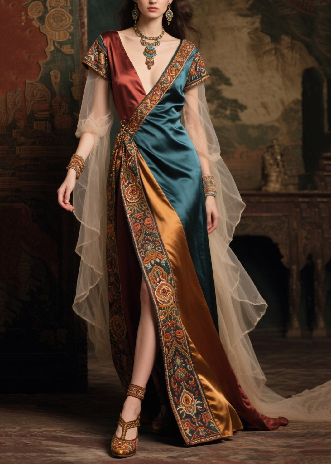 Fine Colorblock Asymmetrical Patchwork Tulle Maxi Dress Summer