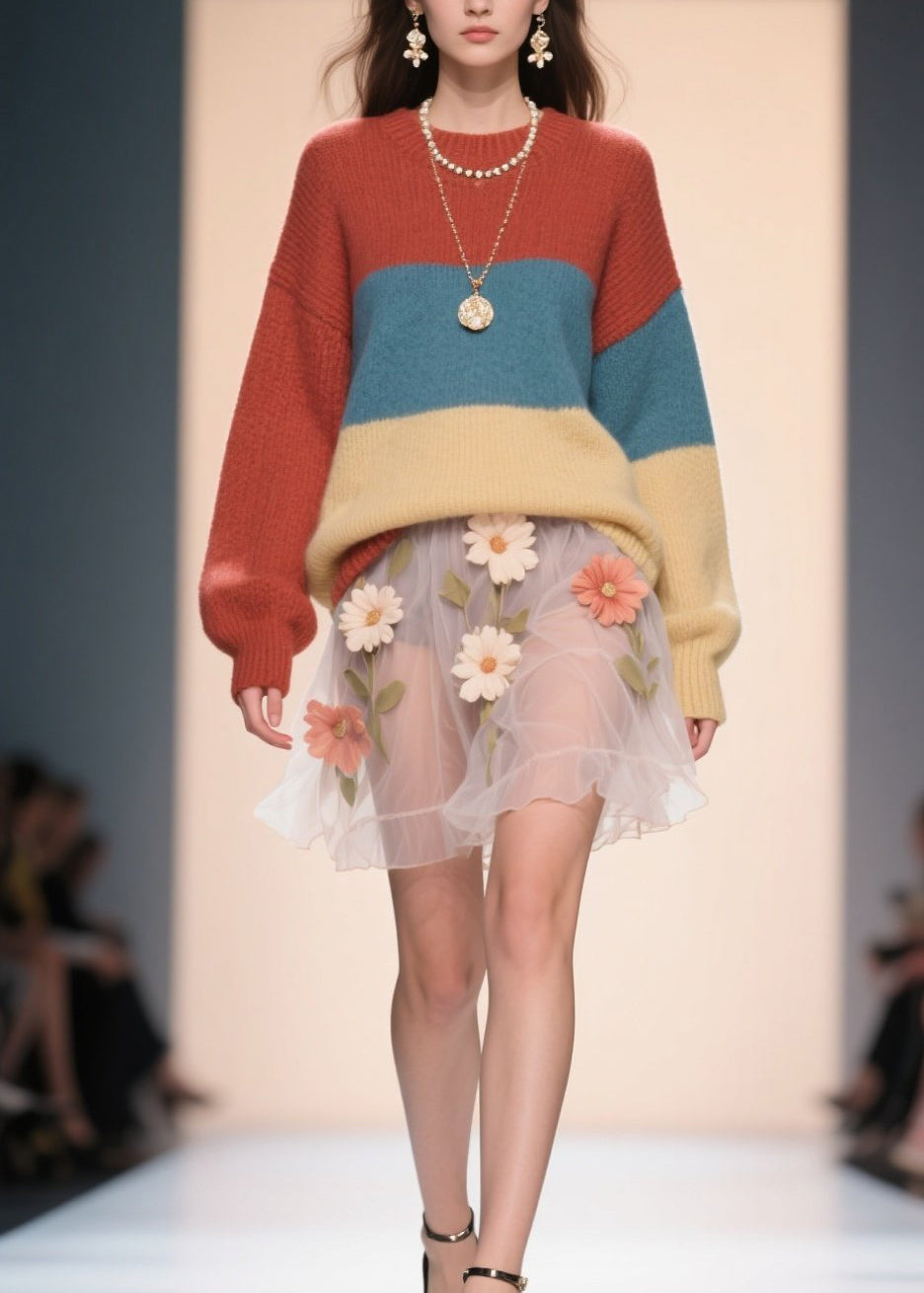 Fine Colorblock O Neck Knitted Sweater Tops Fall