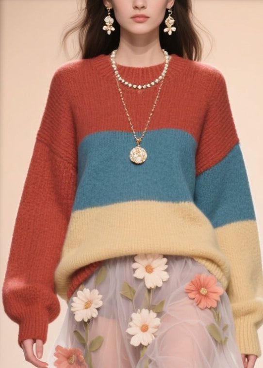 Fine Colorblock O Neck Knitted Sweater Tops Fall