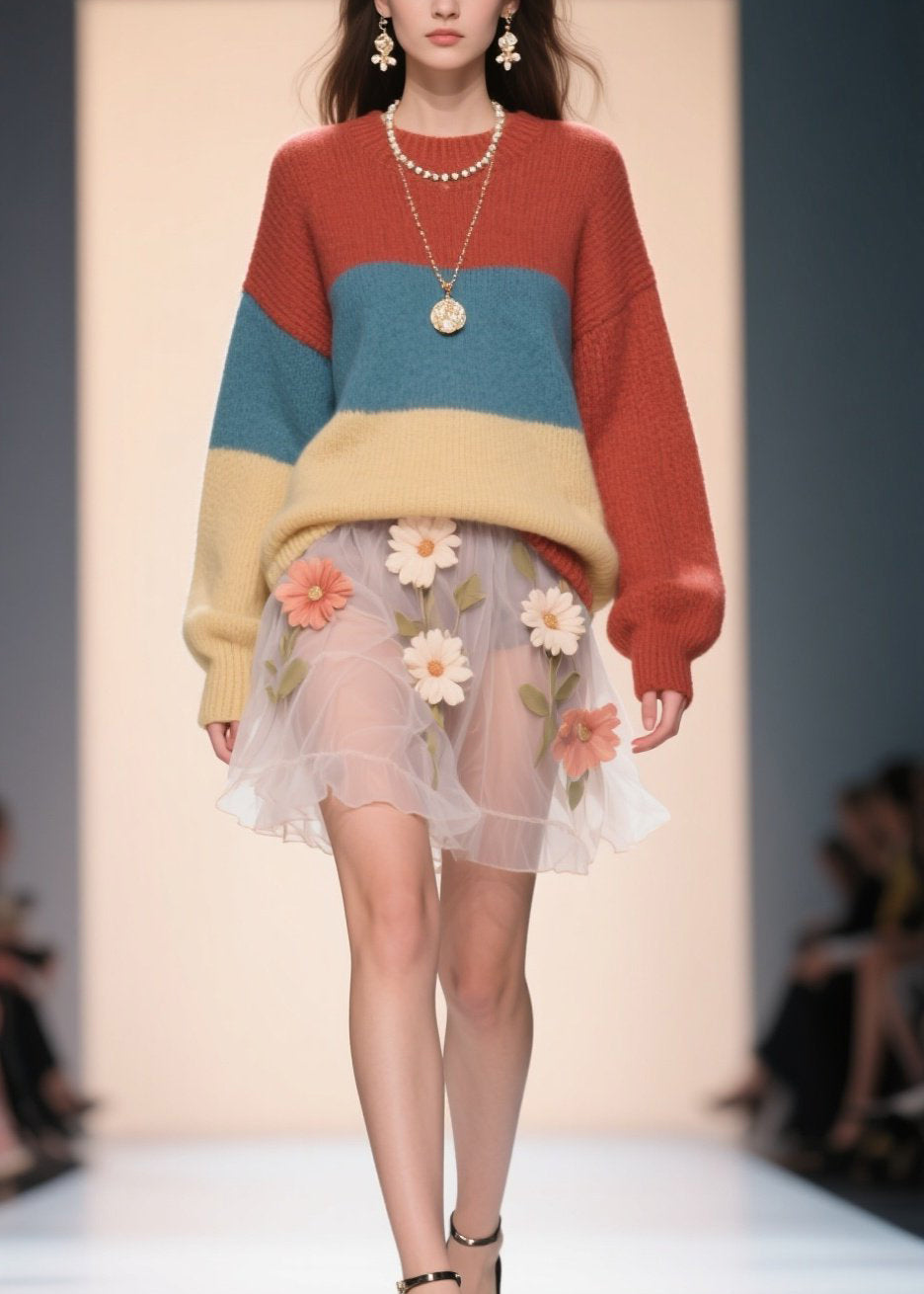 Fine Colorblock O Neck Knitted Sweater Tops Fall