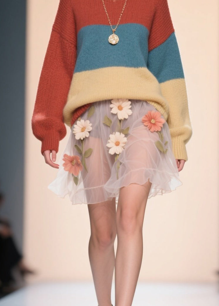 Fine Colorblock O Neck Knitted Sweater Tops Fall
