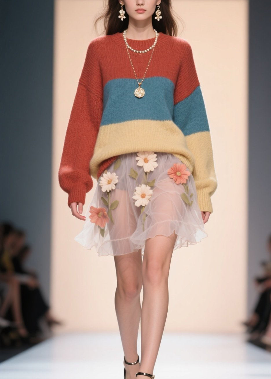 Fine Colorblock O Neck Knitted Sweater Tops Fall